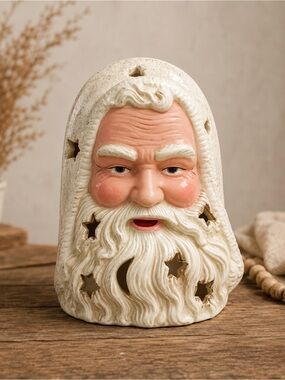 Santa Claus Votive Tea Light Vintage Ceramic Candle Holder Star Moon Cutouts 5”